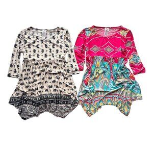 Moa Girls Tunic Tops Size 12 Handkerchief Hem Pink & Teal/Black Cream Elephant